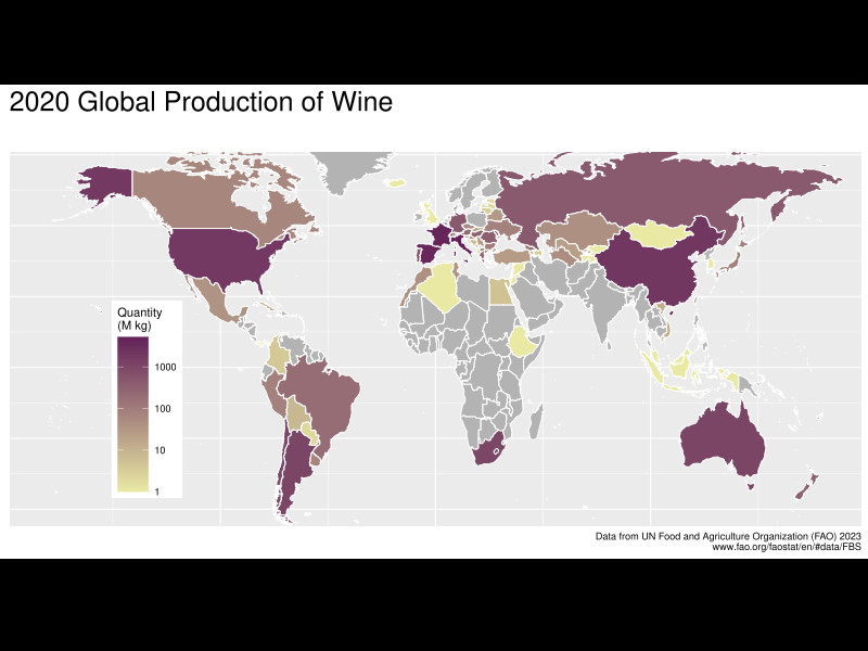 choropleth plot of global wine production