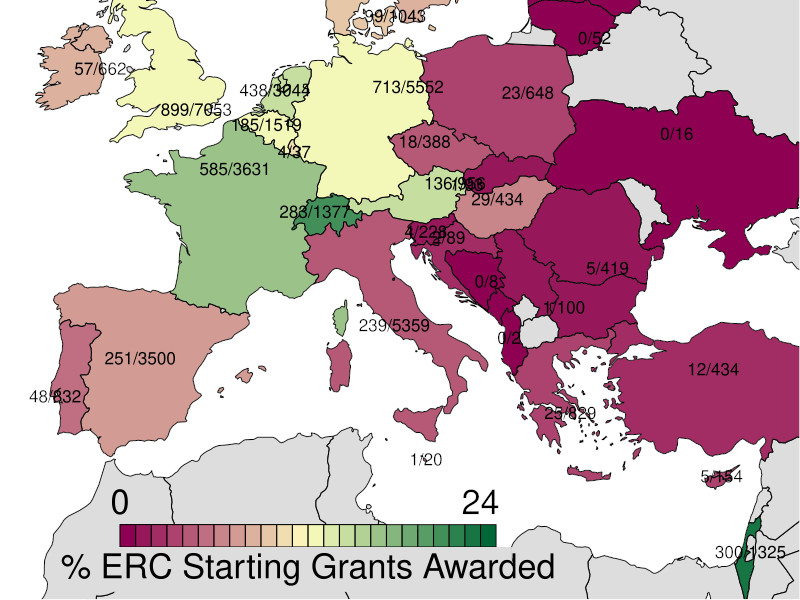 choropleth plot of grant success in Europe