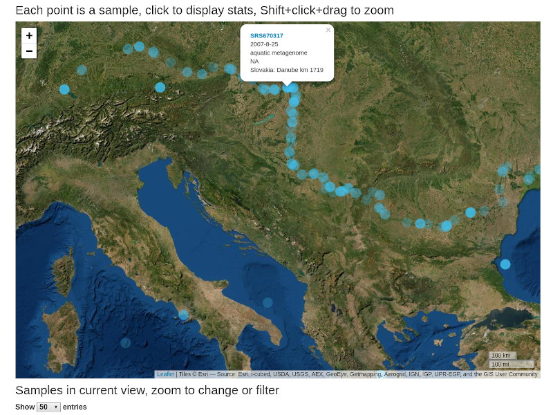 screenshot of metagenome samples on a map